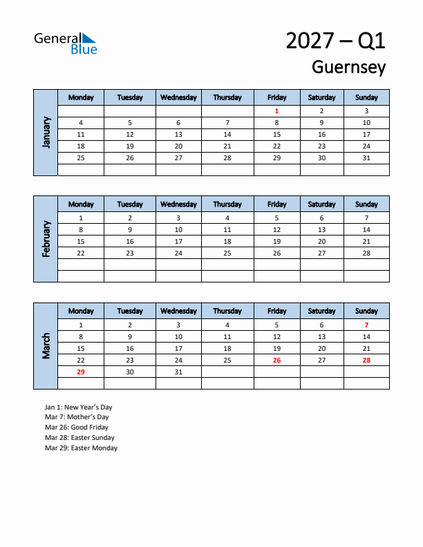 Free Q1 2027 Calendar for Guernsey - Monday Start