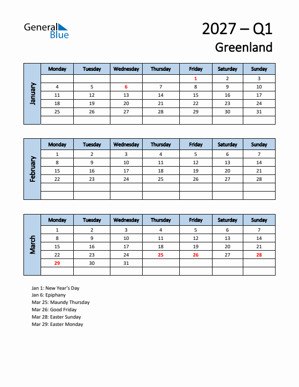Free Q1 2027 Calendar for Greenland - Monday Start