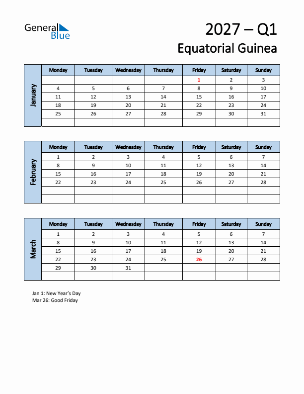 Free Q1 2027 Calendar for Equatorial Guinea - Monday Start