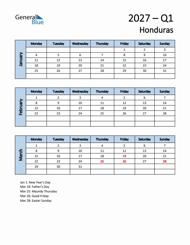 Free Q1 2027 Calendar for Honduras - Monday Start