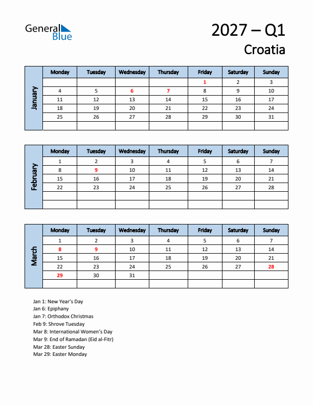 Free Q1 2027 Calendar for Croatia - Monday Start