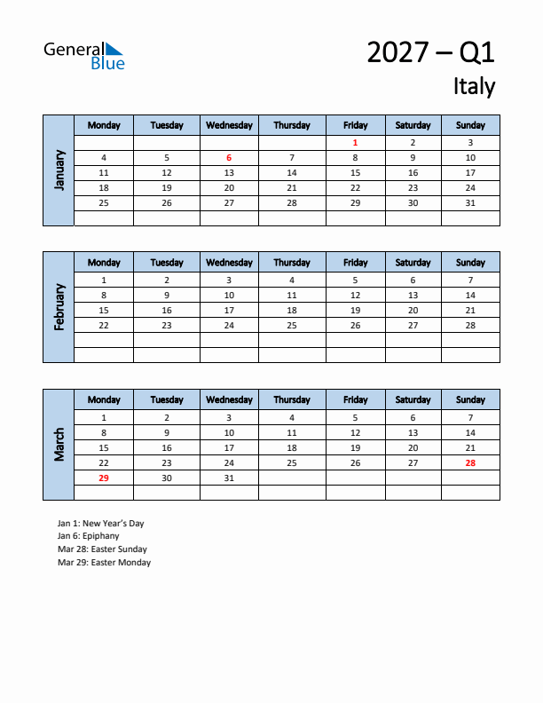 Free Q1 2027 Calendar for Italy - Monday Start