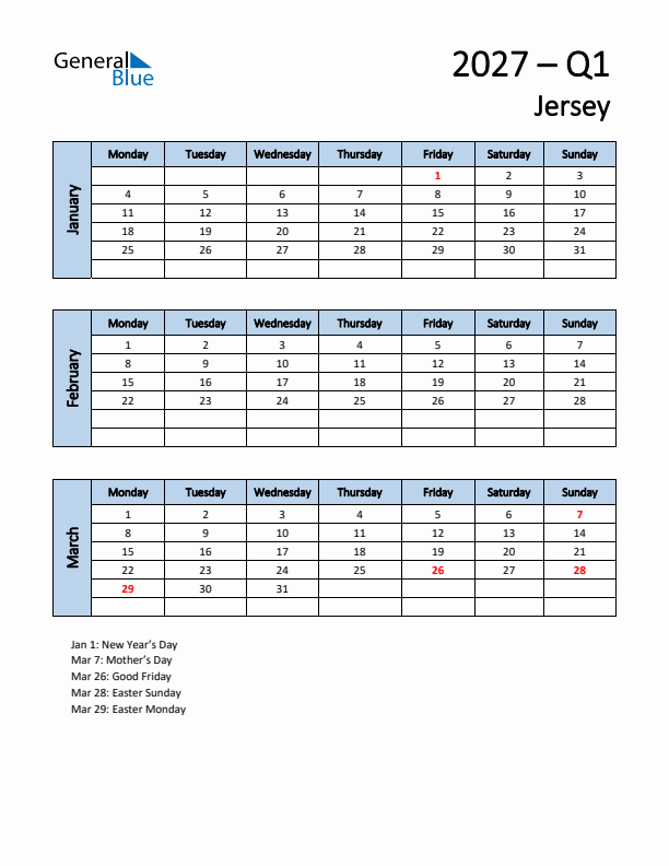 Free Q1 2027 Calendar for Jersey - Monday Start