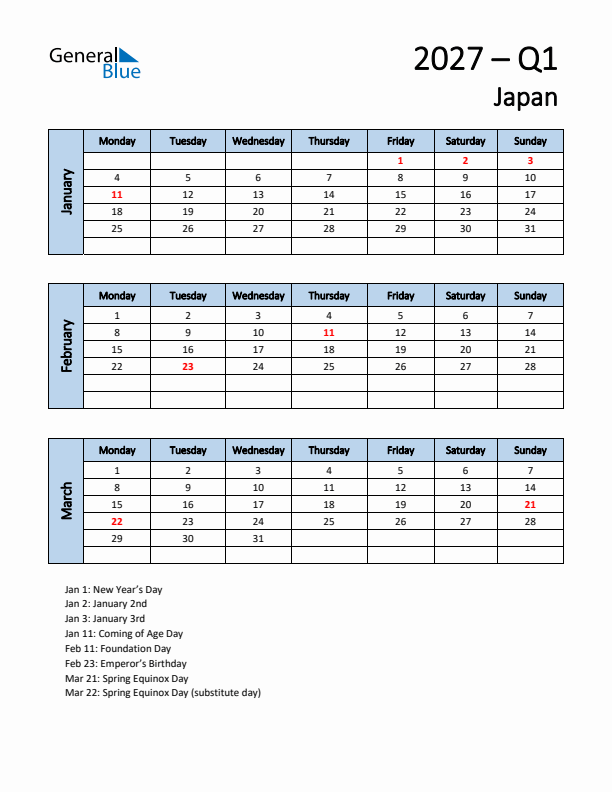 Free Q1 2027 Calendar for Japan - Monday Start
