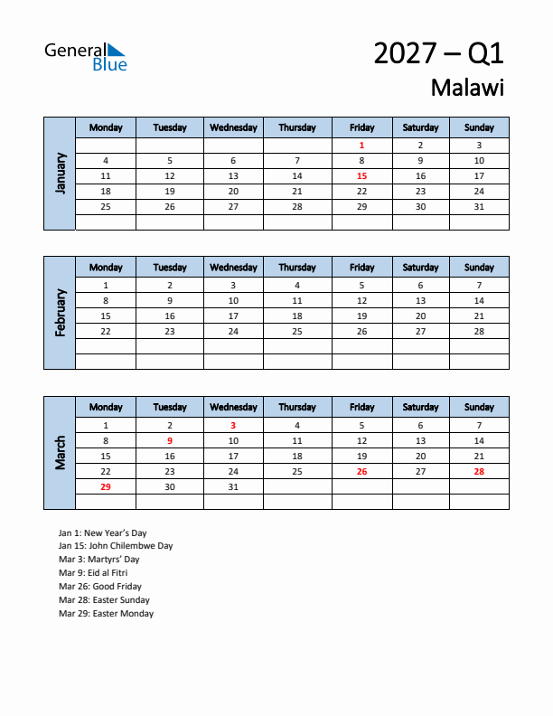 Free Q1 2027 Calendar for Malawi - Monday Start