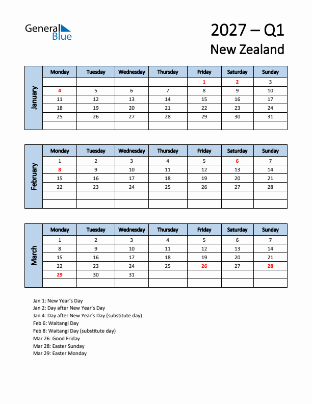 Free Q1 2027 Calendar for New Zealand - Monday Start