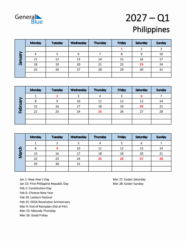 Free Q1 2027 Calendar for Philippines - Monday Start