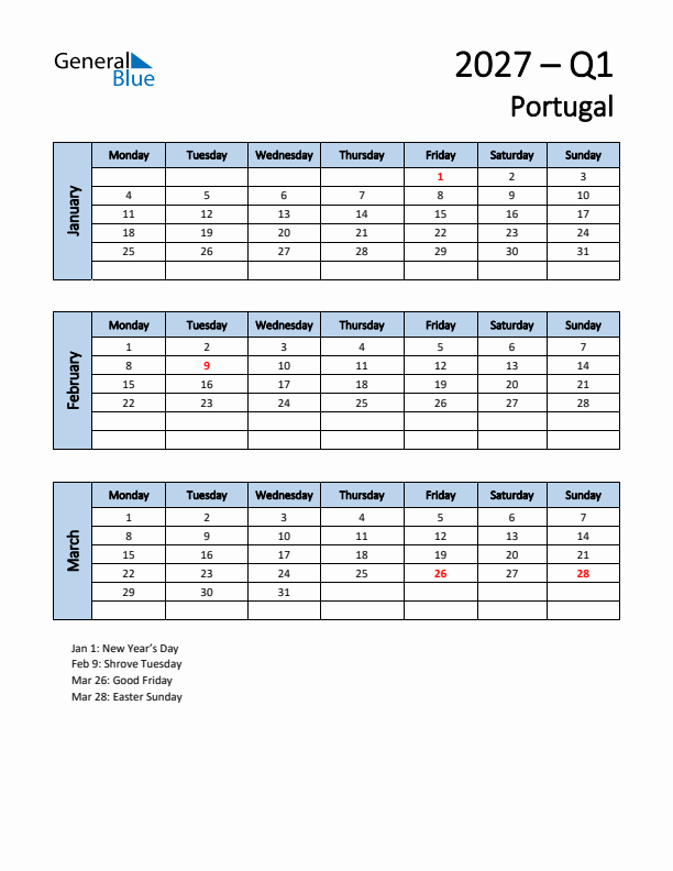 Free Q1 2027 Calendar for Portugal - Monday Start