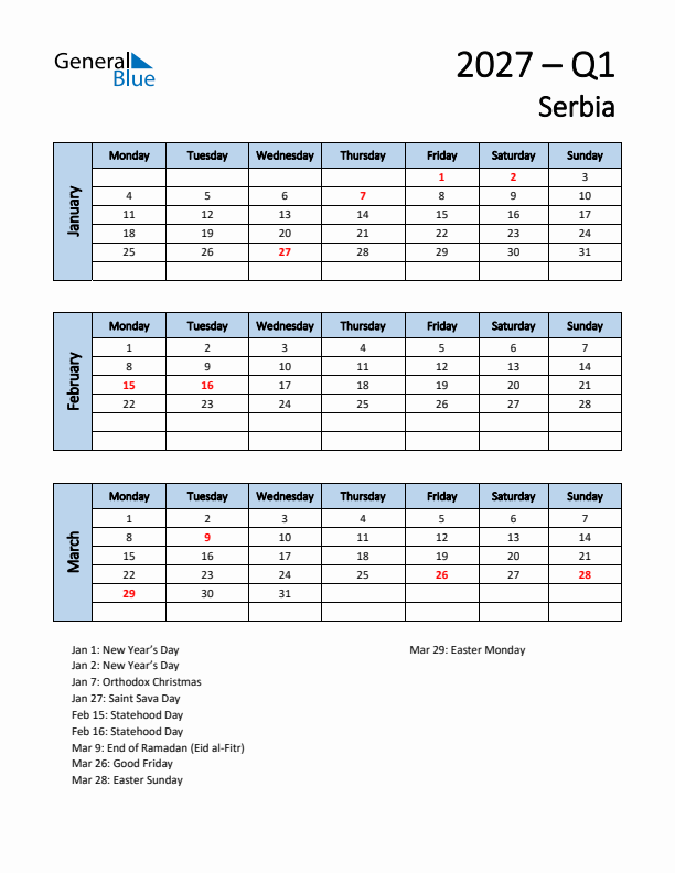 Free Q1 2027 Calendar for Serbia - Monday Start