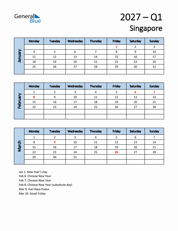 Free Q1 2027 Calendar for Singapore - Monday Start