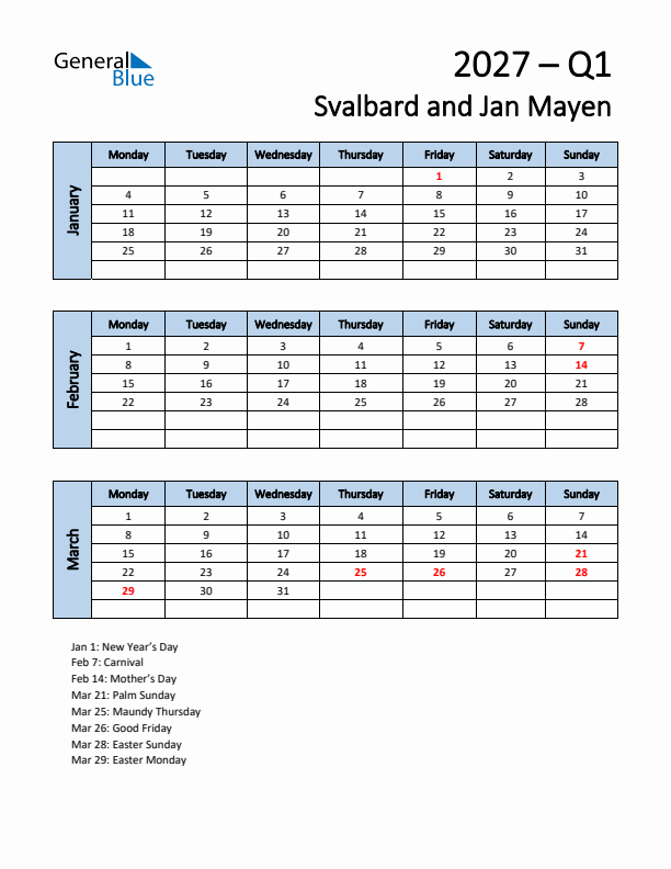 Free Q1 2027 Calendar for Svalbard and Jan Mayen - Monday Start