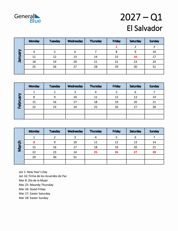 Free Q1 2027 Calendar for El Salvador - Monday Start