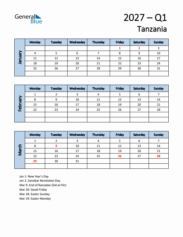 Free Q1 2027 Calendar for Tanzania - Monday Start