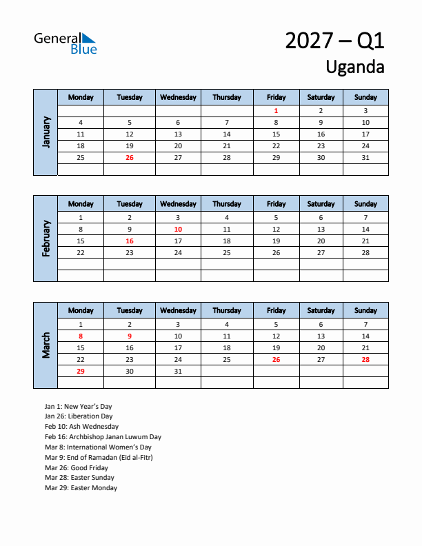 Free Q1 2027 Calendar for Uganda - Monday Start