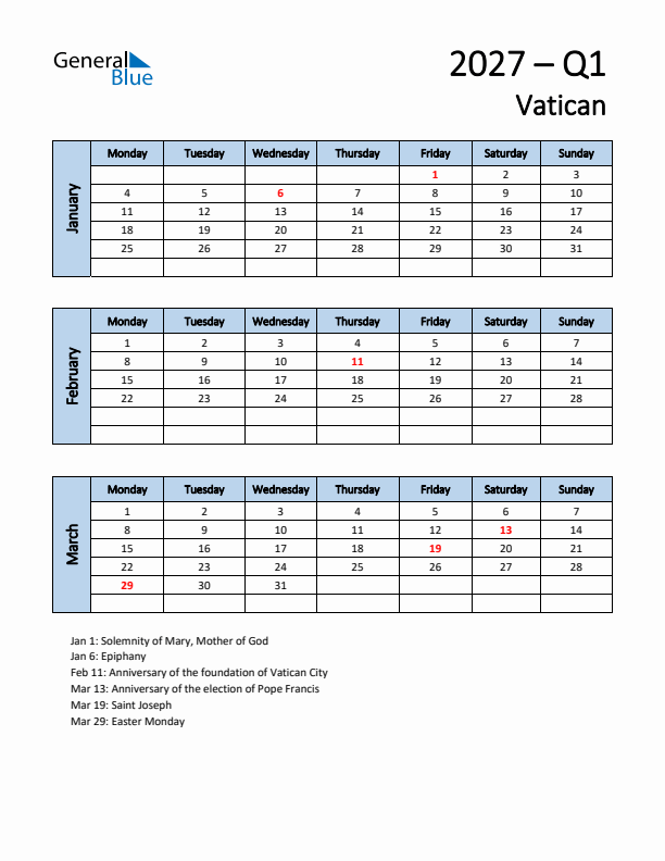 Free Q1 2027 Calendar for Vatican - Monday Start