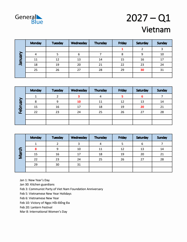 Free Q1 2027 Calendar for Vietnam - Monday Start