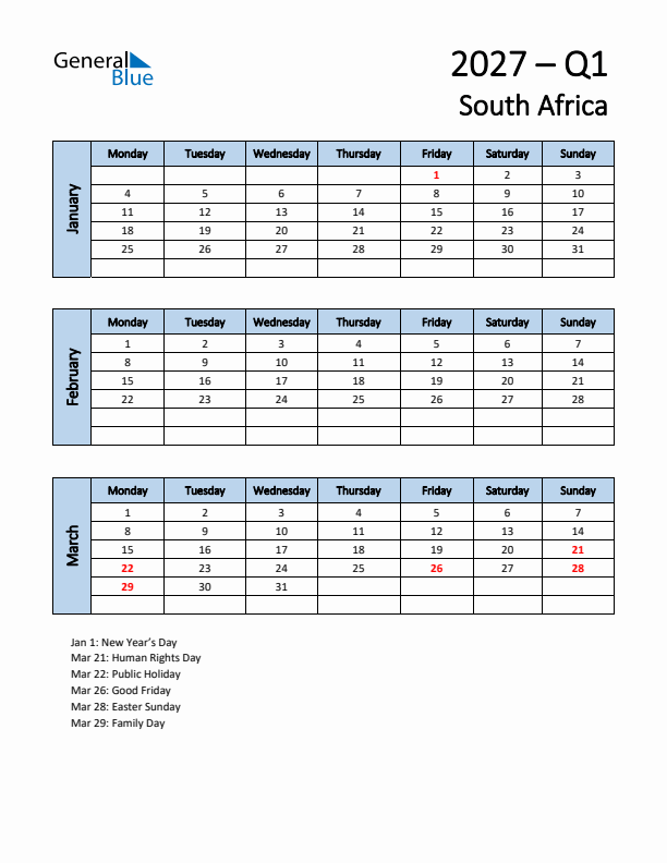 Free Q1 2027 Calendar for South Africa - Monday Start