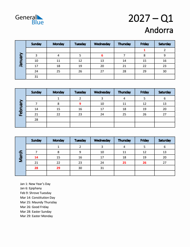 Free Q1 2027 Calendar for Andorra - Sunday Start