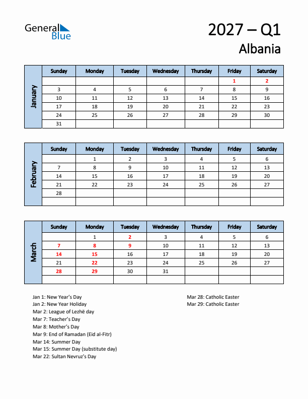 Free Q1 2027 Calendar for Albania - Sunday Start