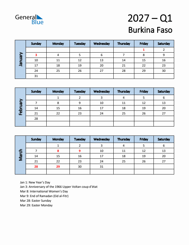 Free Q1 2027 Calendar for Burkina Faso - Sunday Start