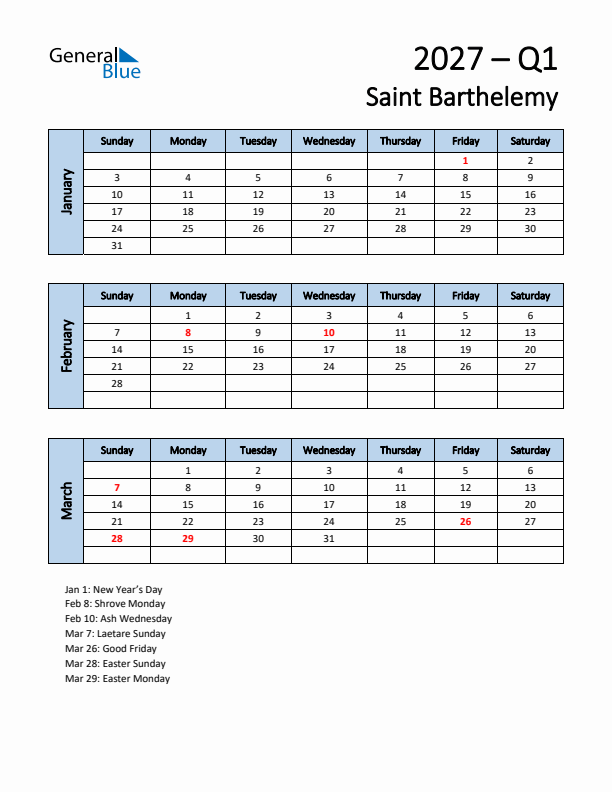 Free Q1 2027 Calendar for Saint Barthelemy - Sunday Start