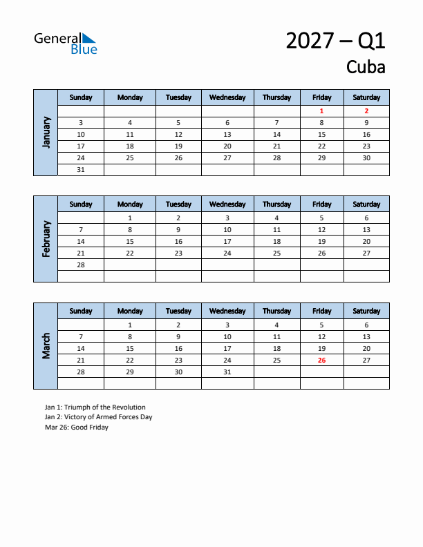 Free Q1 2027 Calendar for Cuba - Sunday Start