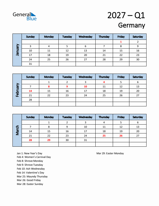 Free Q1 2027 Calendar for Germany - Sunday Start