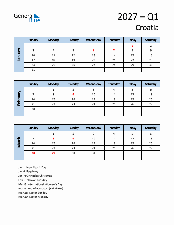 Free Q1 2027 Calendar for Croatia - Sunday Start