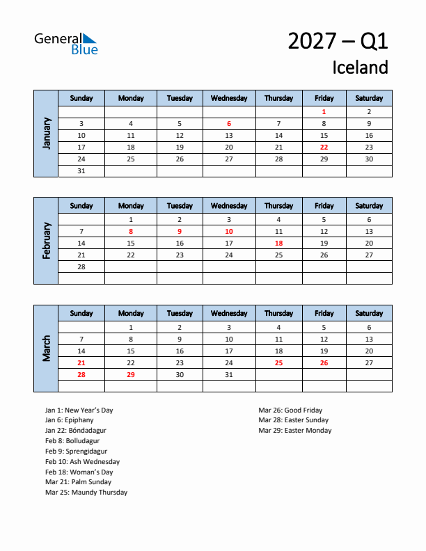 Free Q1 2027 Calendar for Iceland - Sunday Start