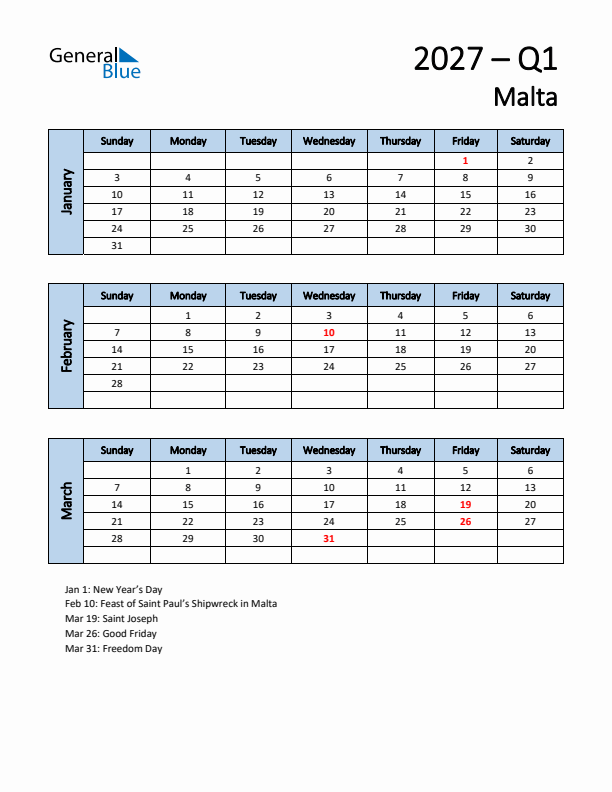 Free Q1 2027 Calendar for Malta - Sunday Start