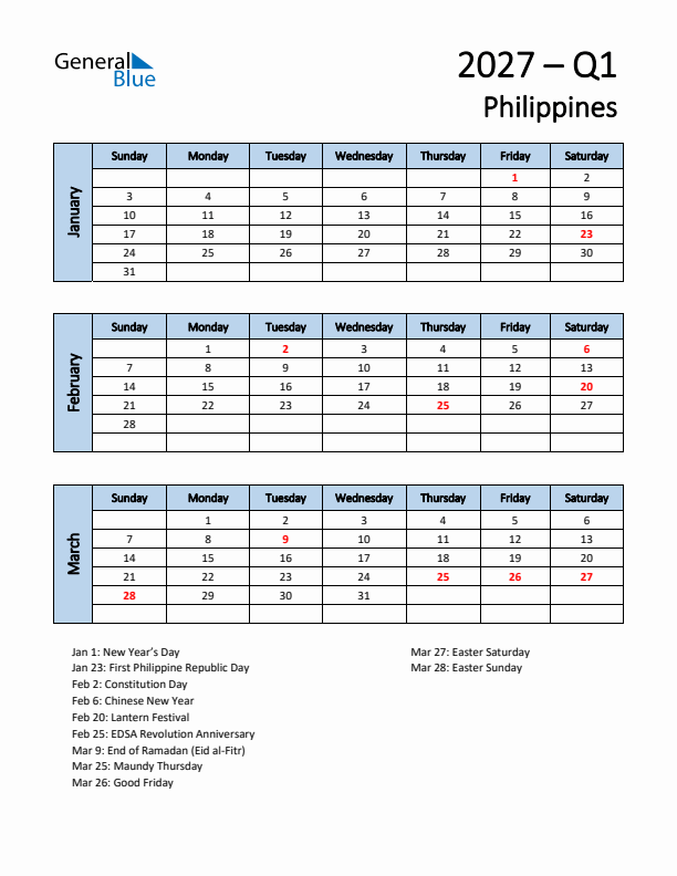 Free Q1 2027 Calendar for Philippines - Sunday Start