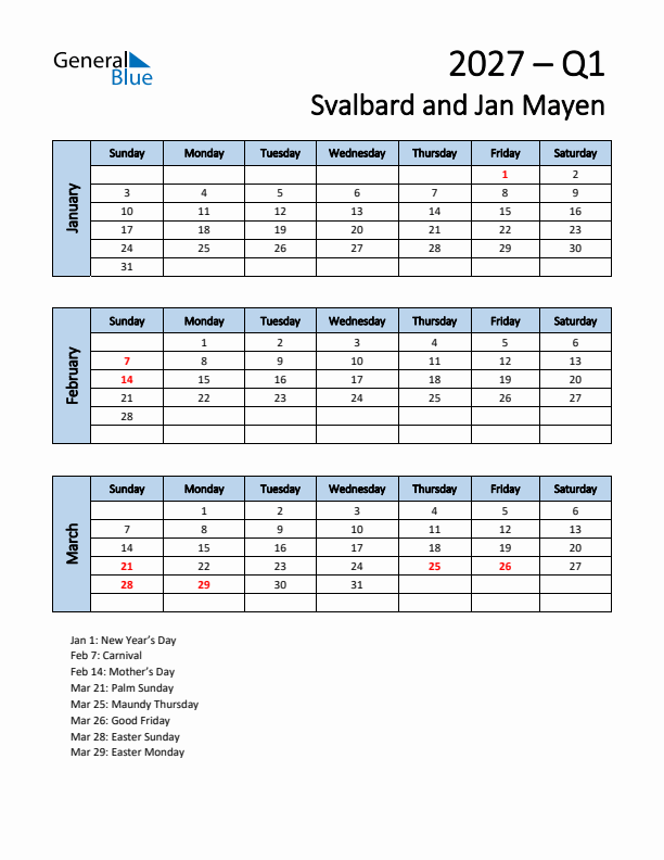 Free Q1 2027 Calendar for Svalbard and Jan Mayen - Sunday Start