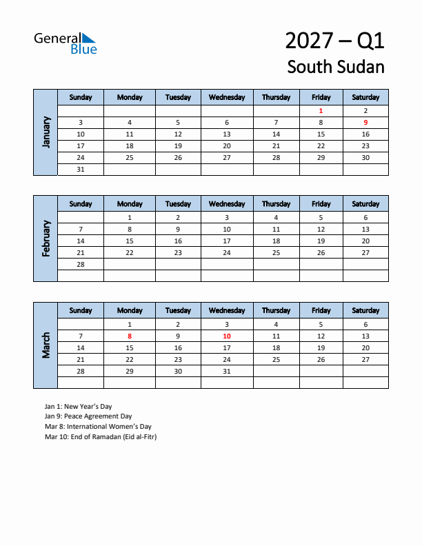 Free Q1 2027 Calendar for South Sudan - Sunday Start