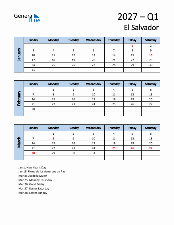 Free Q1 2027 Calendar for El Salvador - Sunday Start