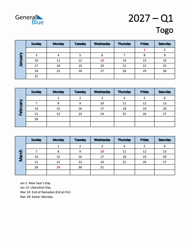 Free Q1 2027 Calendar for Togo - Sunday Start