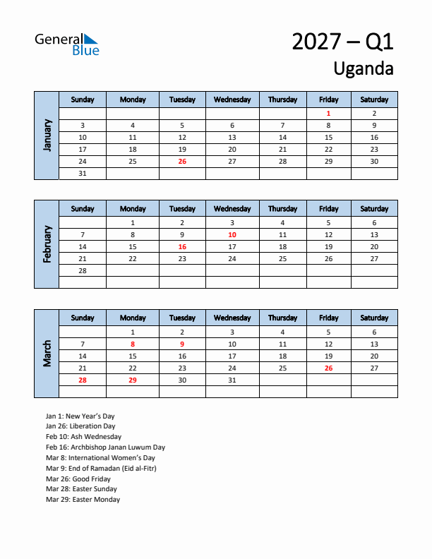 Free Q1 2027 Calendar for Uganda - Sunday Start