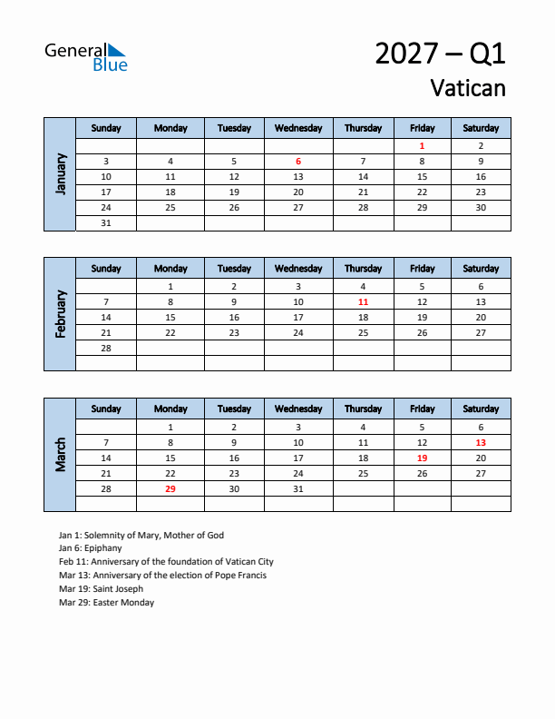 Free Q1 2027 Calendar for Vatican - Sunday Start
