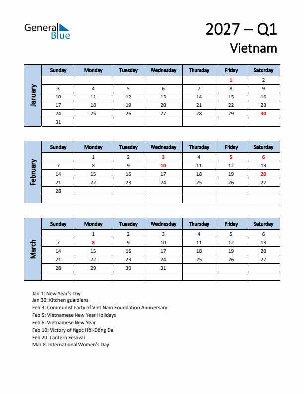 Free Q1 2027 Calendar for Vietnam - Sunday Start