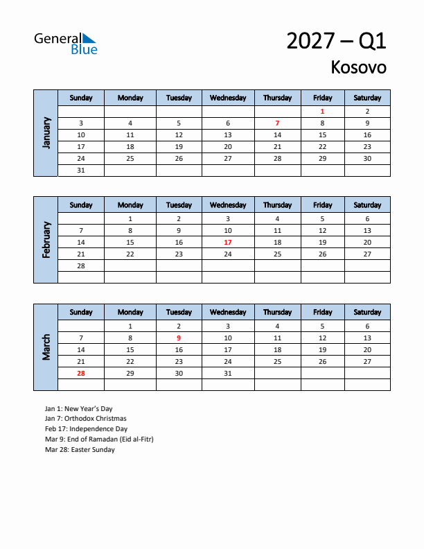 Free Q1 2027 Calendar for Kosovo - Sunday Start
