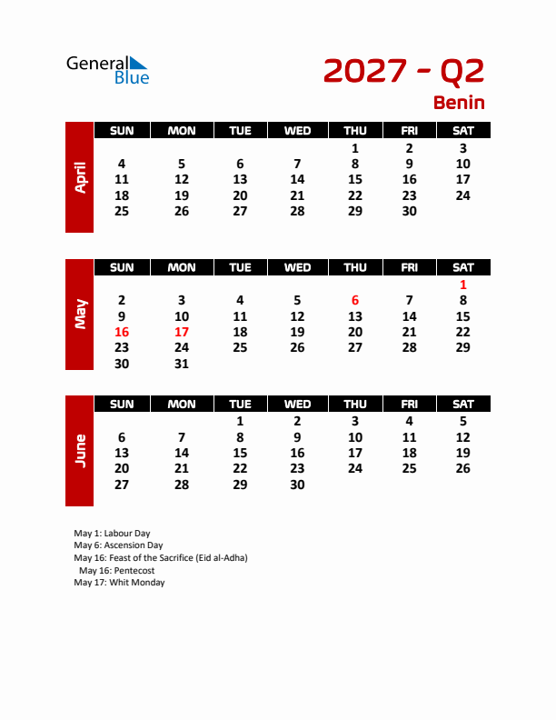 Q2 2027 Calendar with Holidays