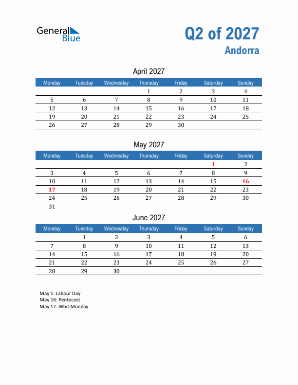 Andorra 2027 Quarterly Calendar with Monday Start