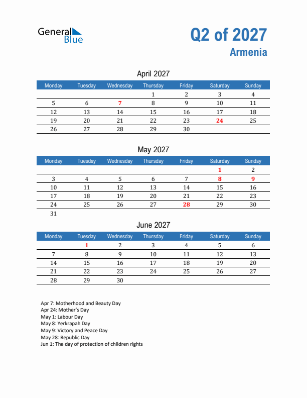 Armenia 2027 Quarterly Calendar with Monday Start