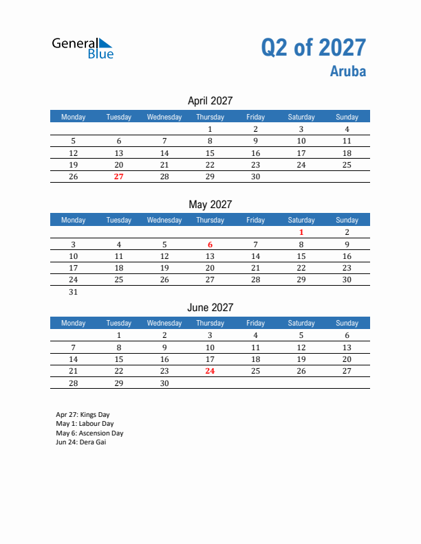 Aruba 2027 Quarterly Calendar with Monday Start
