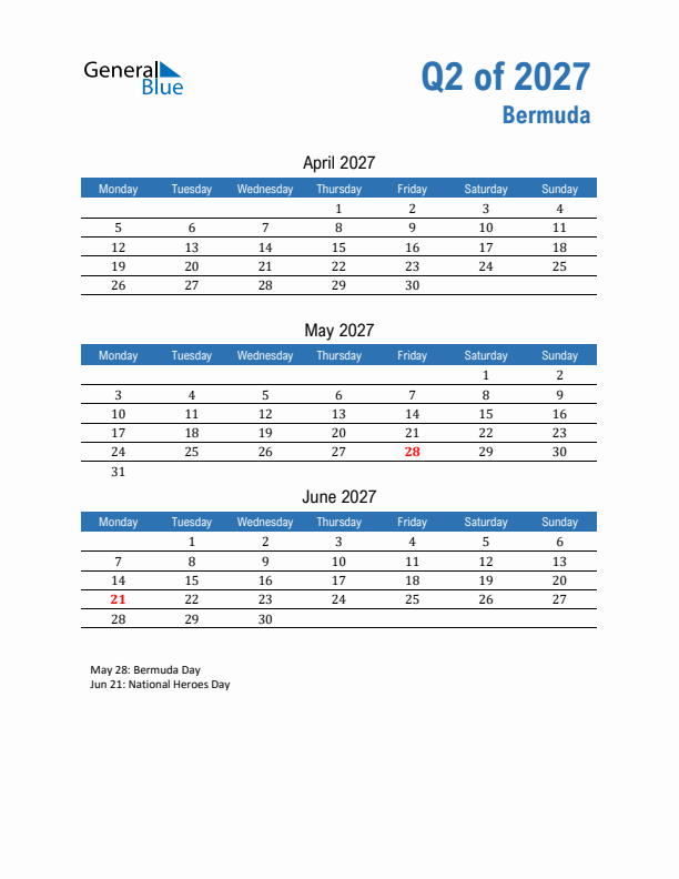 Bermuda 2027 Quarterly Calendar with Monday Start