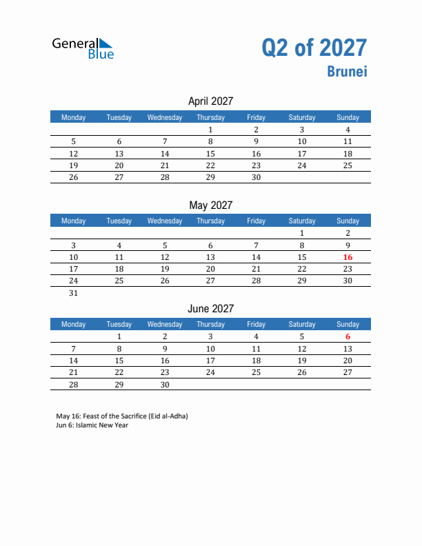 Brunei 2027 Quarterly Calendar with Monday Start