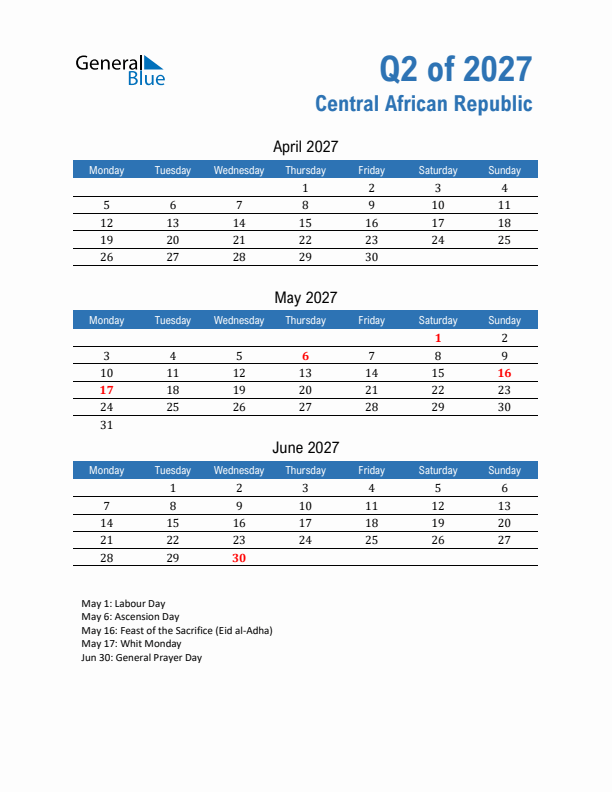 Central African Republic 2027 Quarterly Calendar with Monday Start