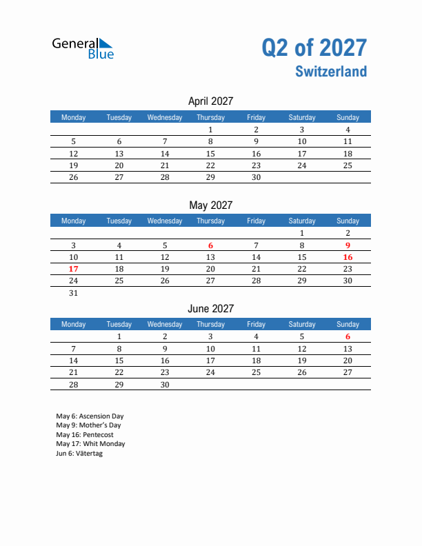 Switzerland 2027 Quarterly Calendar with Monday Start