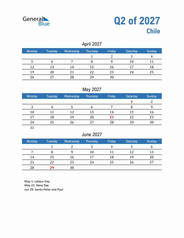 Chile 2027 Quarterly Calendar with Monday Start