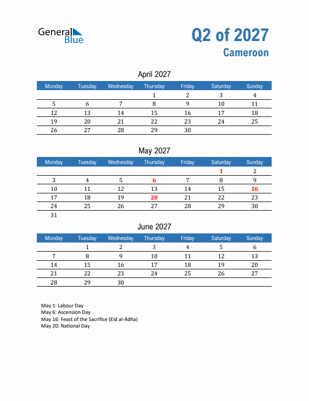 Cameroon 2027 Quarterly Calendar with Monday Start