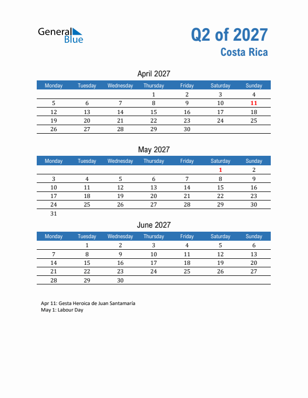 Costa Rica 2027 Quarterly Calendar with Monday Start